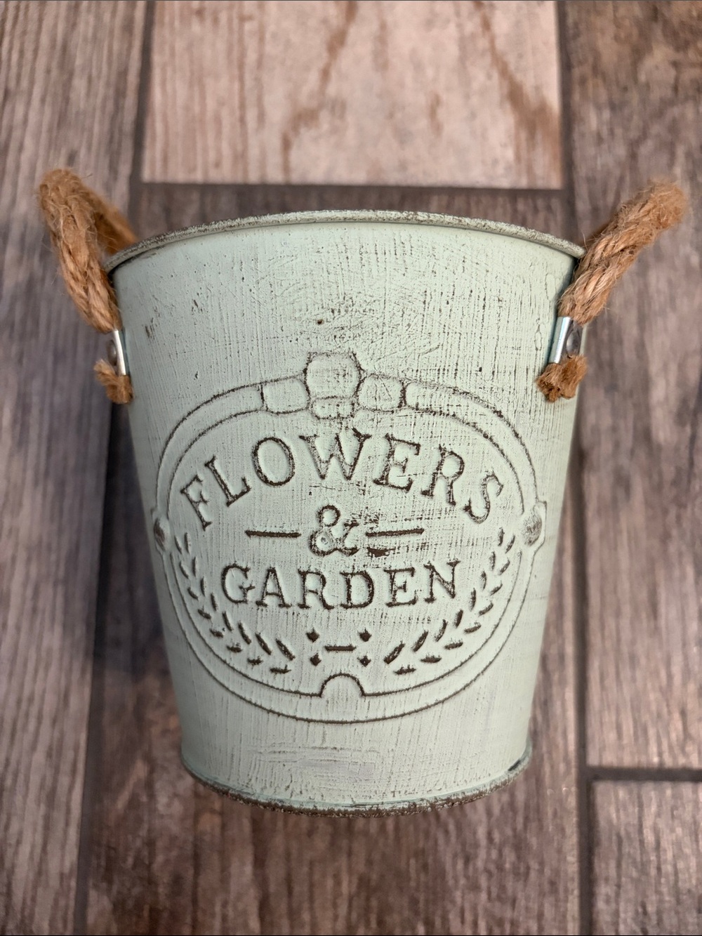 Set of 3 Light Green 'Flowers & Garden' Metal Buckets with Rope Handles